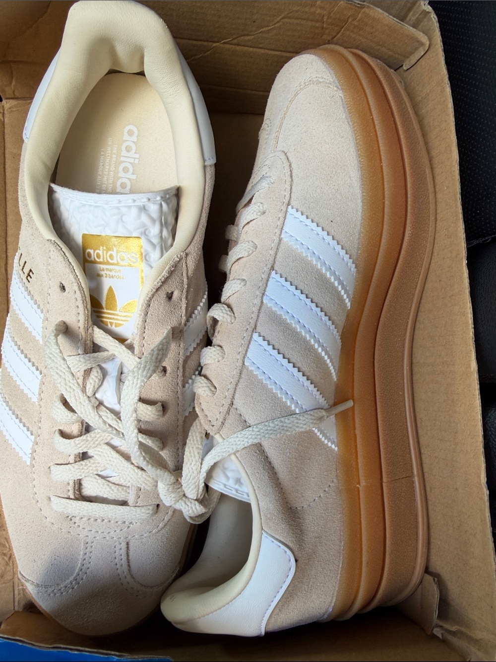adidas Beige Suede Sneakers with White Stripes and Gum Sole